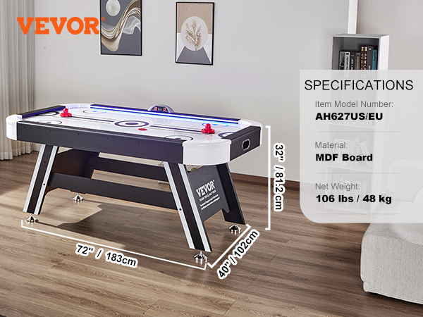 VEVOR gaisa hokeja galds ar led rādītāju, mdf plātnes konstrukciju un sarkanām ripām, izmēri: 72 "x40 "x32".