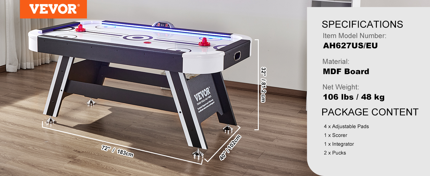 VEVOR gaisa hokeja galds ar led rādītāju, mdf plātnes konstrukciju un sarkanām ripām, izmēri: 72 "x40 "x32".