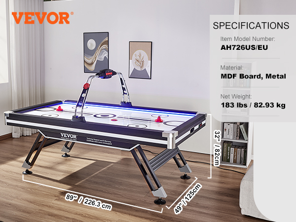 VEVOR gaisa hokeja galds ah726 ar LED apgaismojumu, 2 stūmējiem un 2 ripām, 89 "x49 "x32", mdf un metāls