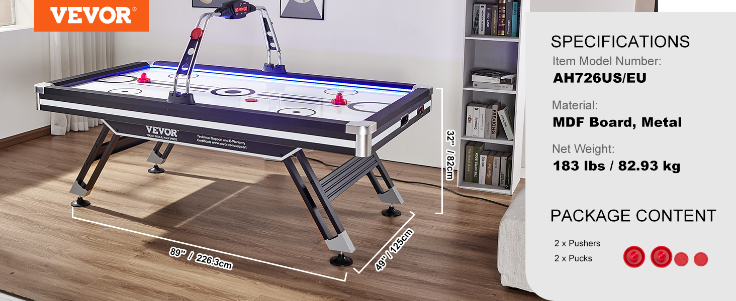 VEVOR gaisa hokeja galds ah726 ar LED apgaismojumu, 2 stūmējiem un 2 ripām, 89 "x49 "x32", mdf un metāls