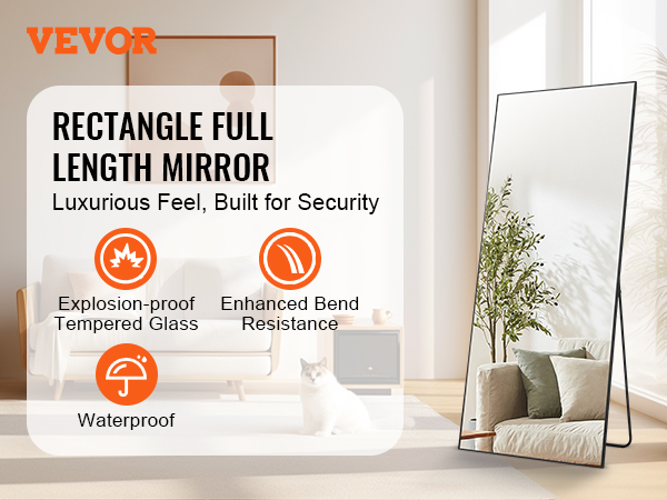 VEVOR full length mirror with explosion-proof tempered glass, enhanced bend resistance, and waterproof.