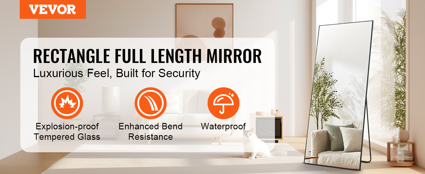 VEVOR full length mirror with explosion-proof tempered glass, enhanced bend resistance, and waterproof.