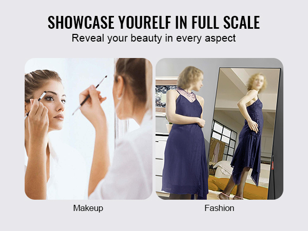 VEVOR full length mirror, perfect for makeup and fashion, featuring sleek design in a modern room.