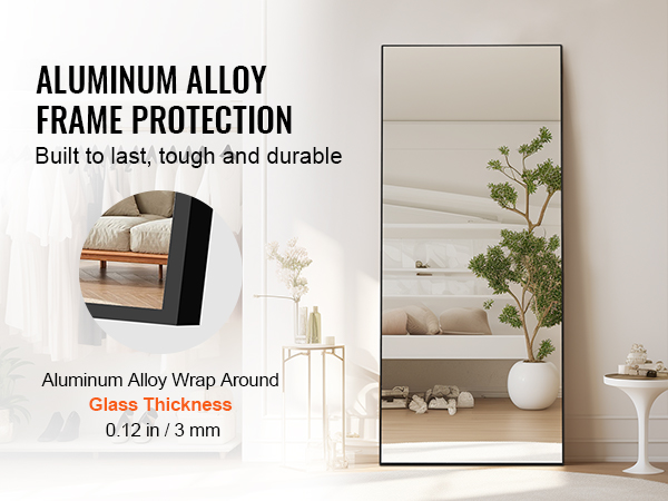VEVOR full length mirror with aluminum alloy frame in modern light-filled room, highlighting durability.