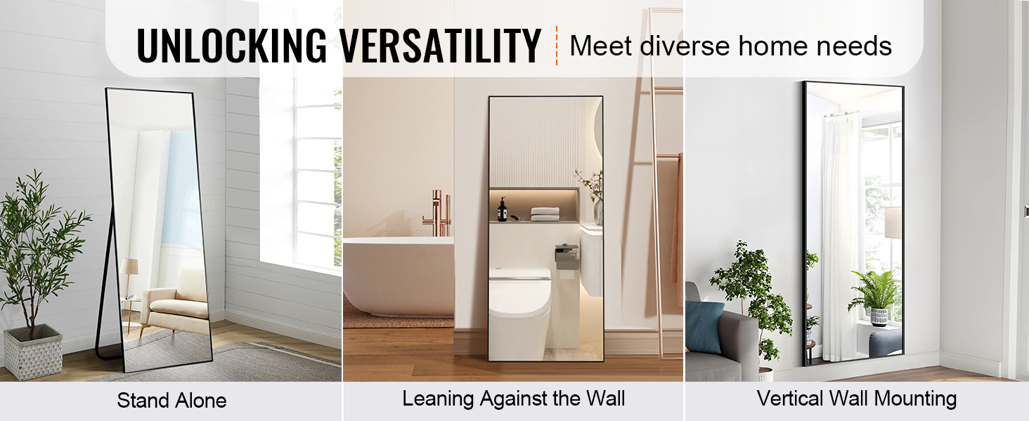 VEVOR full length mirror showcasing versatility: stand alone, leaning, and vertical wall mounting options.