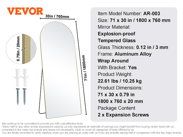 VEVOR full length mirror ar-003, explosion-proof glass, aluminum frame, size 71"x30", includes bracket.