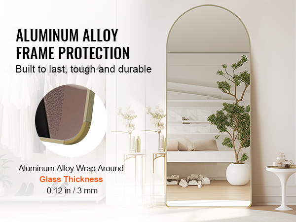 VEVOR full length mirror with aluminum alloy frame. thick glass, minimalist room decor, and potted plant.