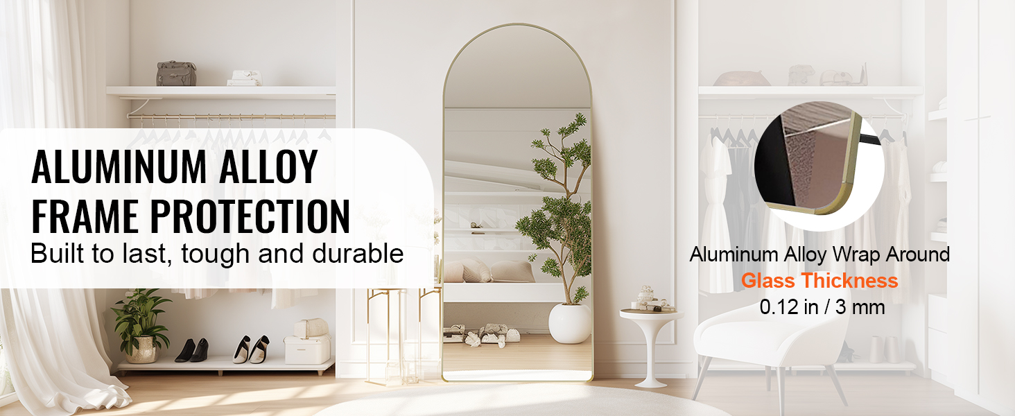 VEVOR full length mirror with aluminum alloy frame. thick glass, minimalist room decor, and potted plant.