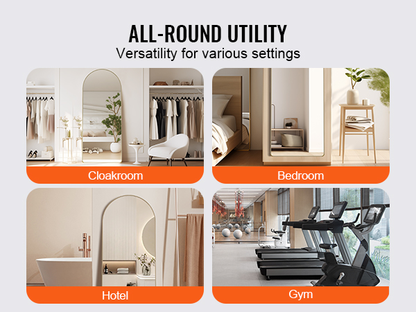 VEVOR full length mirror in various settings: cloakroom, bedroom, hotel, gym, showcasing versatility.