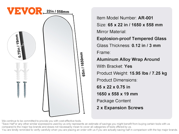 VEVOR full length mirror 65x22in with aluminum frame, explosion-proof tempered glass, and bracket.