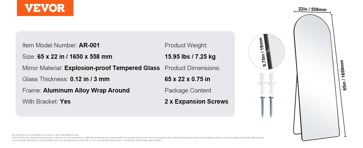 VEVOR full length mirror 65x22in with aluminum frame, explosion-proof tempered glass, and bracket.