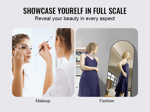 VEVOR full length mirror for makeup and fashion, showcasing a stylish reflection in multiple settings.