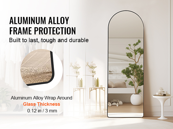 VEVOR full length mirror with aluminum alloy frame, 0.12 in glass thickness, in modern bedroom decor.