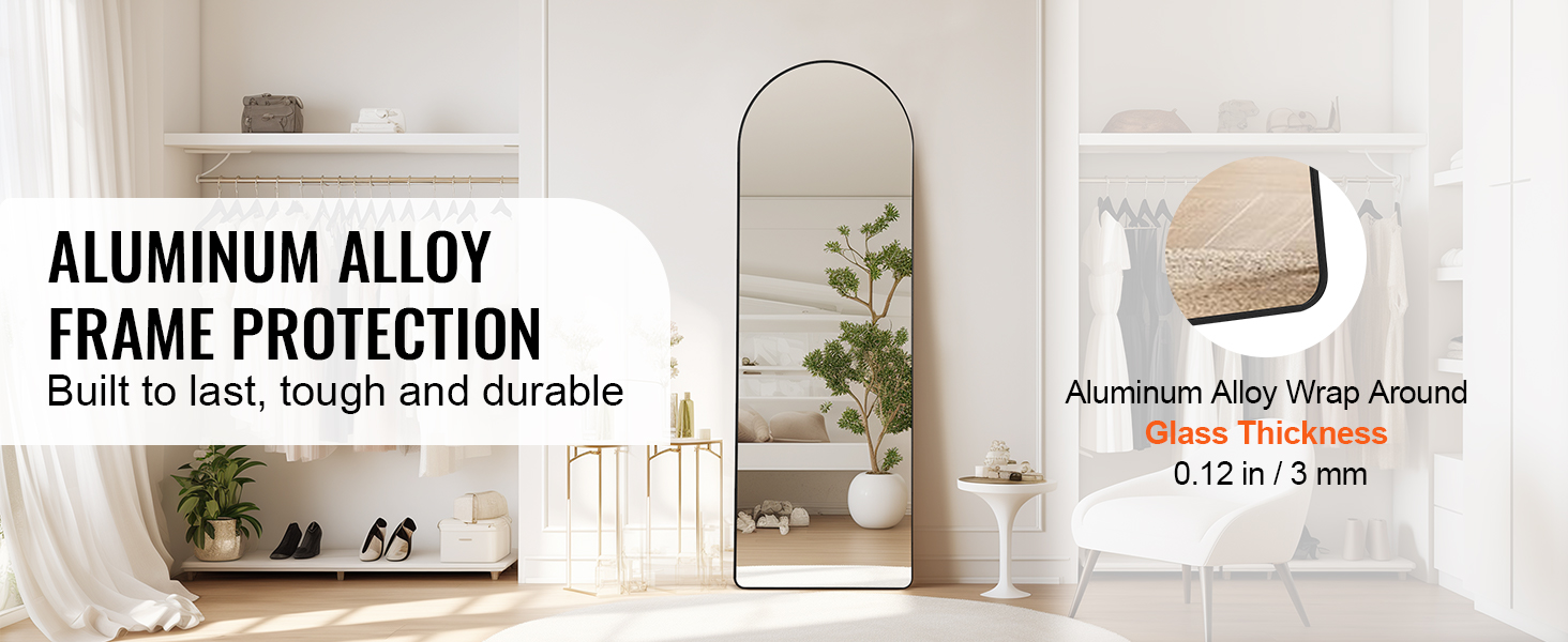 VEVOR full length mirror with aluminum alloy frame, 0.12 in glass thickness, in modern bedroom decor.