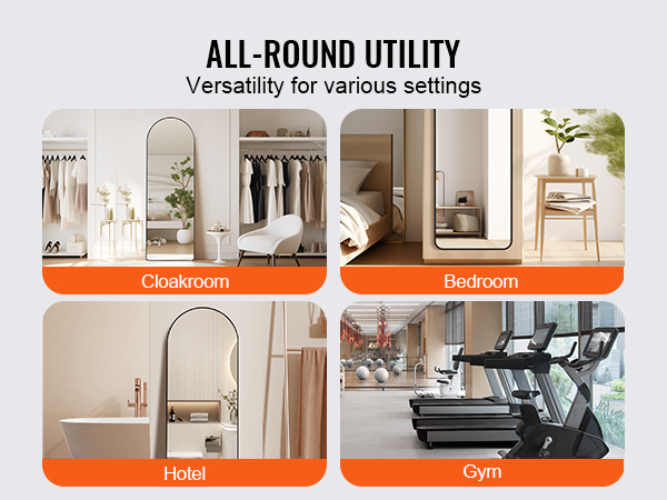VEVOR full length mirror in cloakroom, bedroom, hotel bathroom, and gym settings for versatile use.