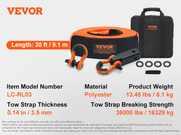 VEVOR tow strap recovery kit includes a 30 ft polyester strap, d-rings, hooks, and a storage bag.