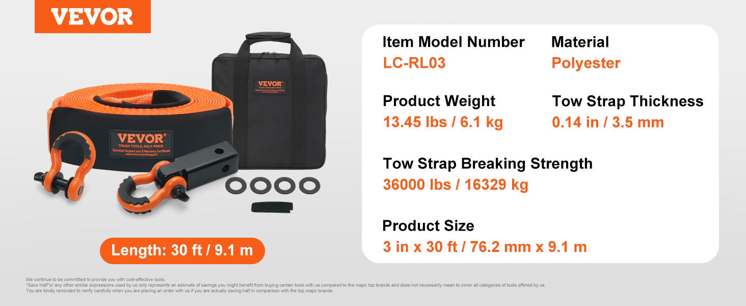 VEVOR tow strap recovery kit includes a 30 ft polyester strap, d-rings, hooks, and a storage bag.