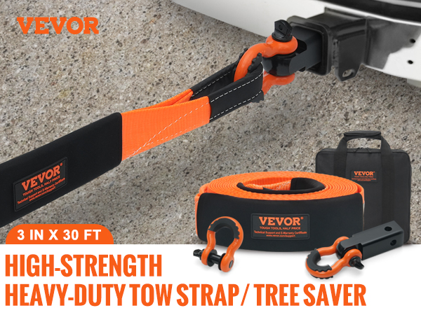 VEVOR tow strap recovery kit: high-strength 3 in x 30 ft strap, 36000 lbs capacity, with accessories.