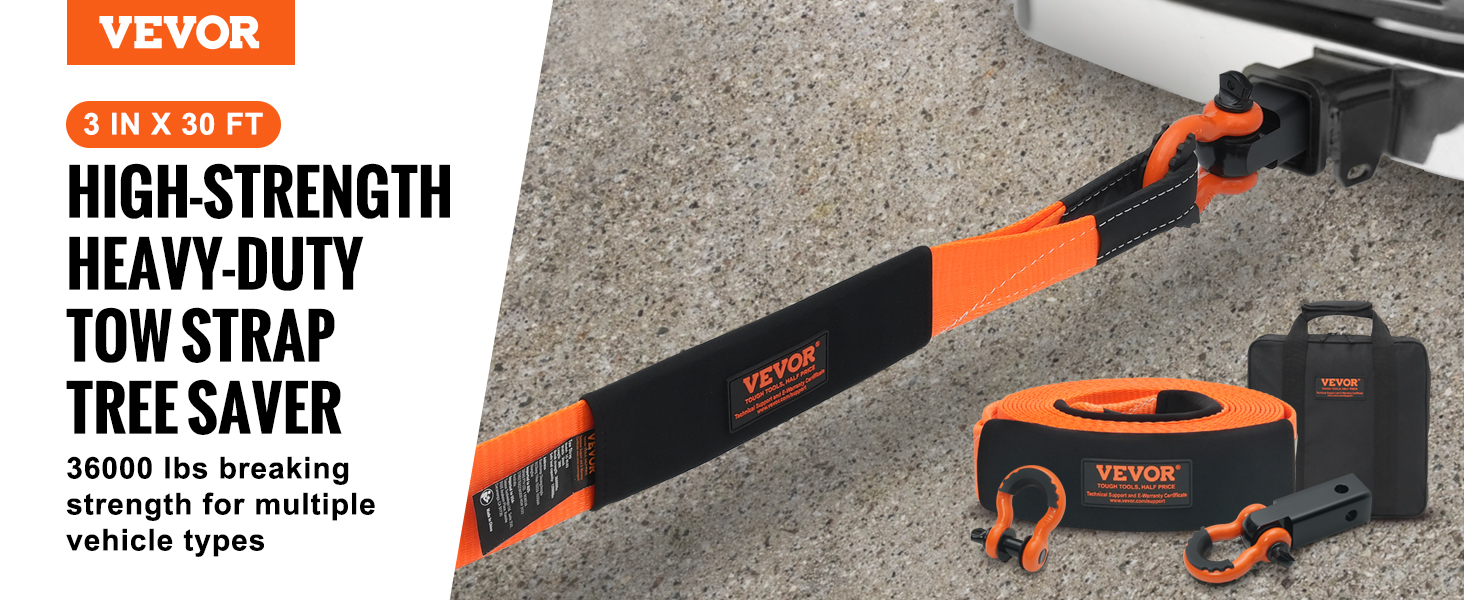 VEVOR tow strap recovery kit: high-strength 3 in x 30 ft strap, 36000 lbs capacity, with accessories.