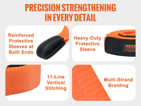 VEVOR tow strap recovery kit with reinforced protective sleeves, multi-strand braiding, and 11-line stitching.