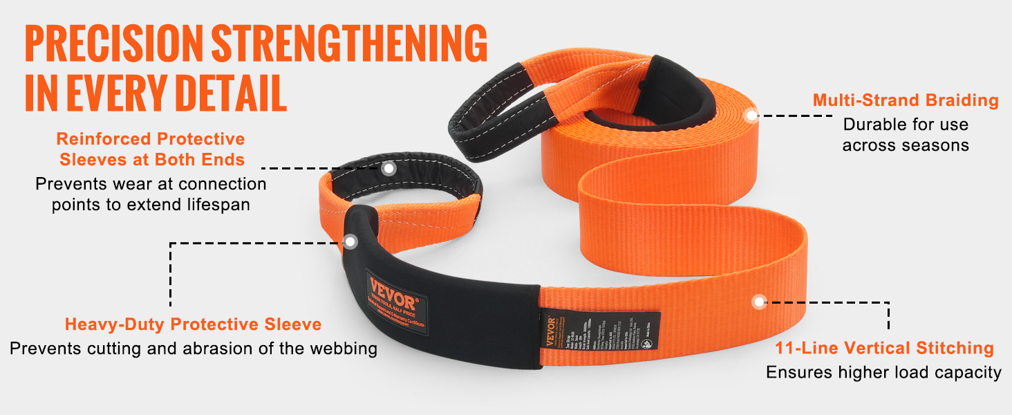 VEVOR tow strap recovery kit with reinforced protective sleeves, multi-strand braiding, and 11-line stitching.