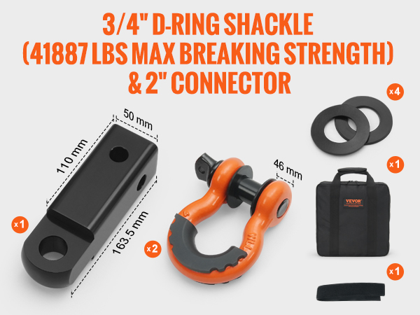 VEVOR tow strap recovery kit includes 2 d-ring shackles, 2" connector, washers, and storage bag.