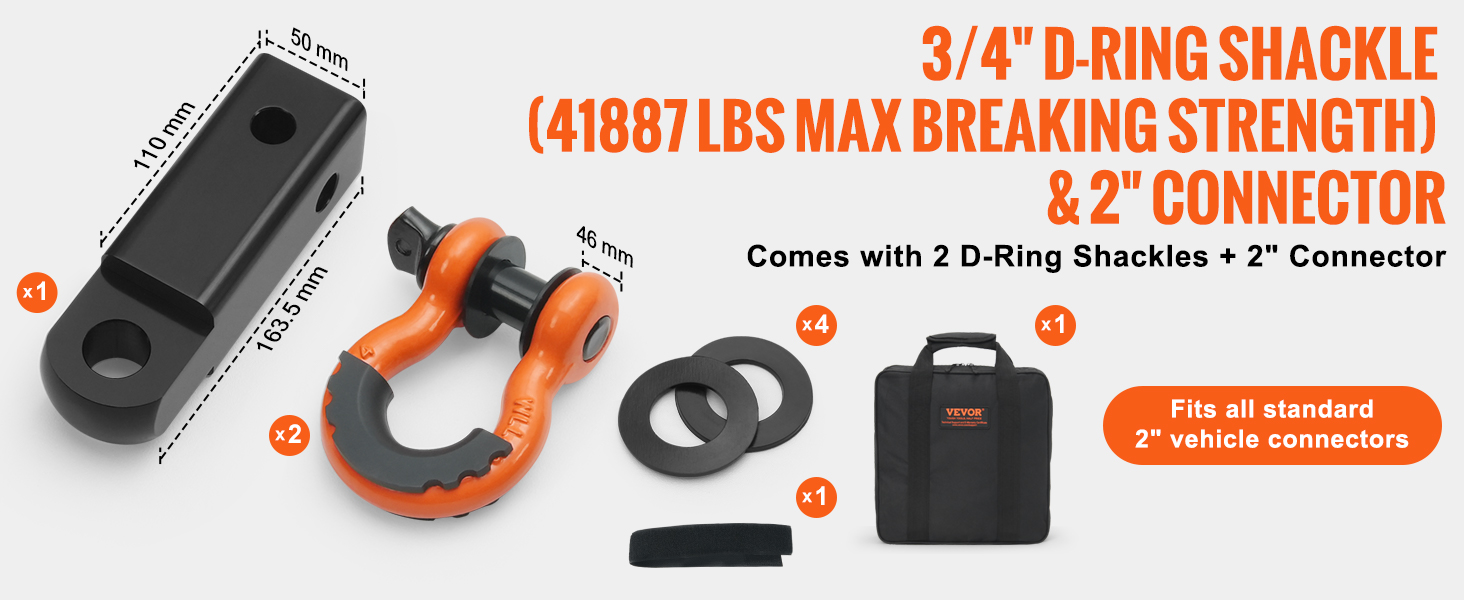 VEVOR tow strap recovery kit includes 2 d-ring shackles, 2" connector, washers, and storage bag.