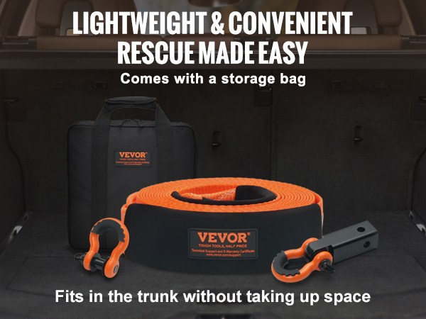 VEVOR tow strap recovery kit in a car trunk, showcasing cold, water, and uv resistance with storage bag.