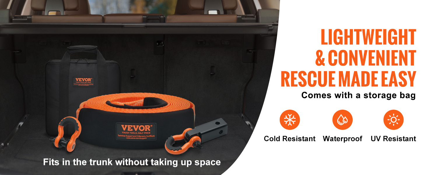 VEVOR tow strap recovery kit in a car trunk, showcasing cold, water, and uv resistance with storage bag.