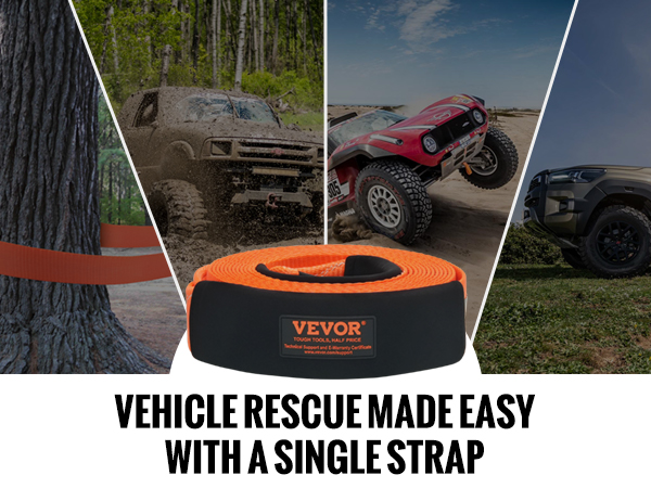 VEVOR tow strap recovery kit for vehicle rescue in mud, sand, grass, and tree saver use.