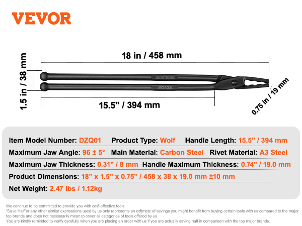 VEVOR blacksmith tongs dzq01, 18"x1.5", carbon steel, handle length 15.5", net weight 2.47 lbs.