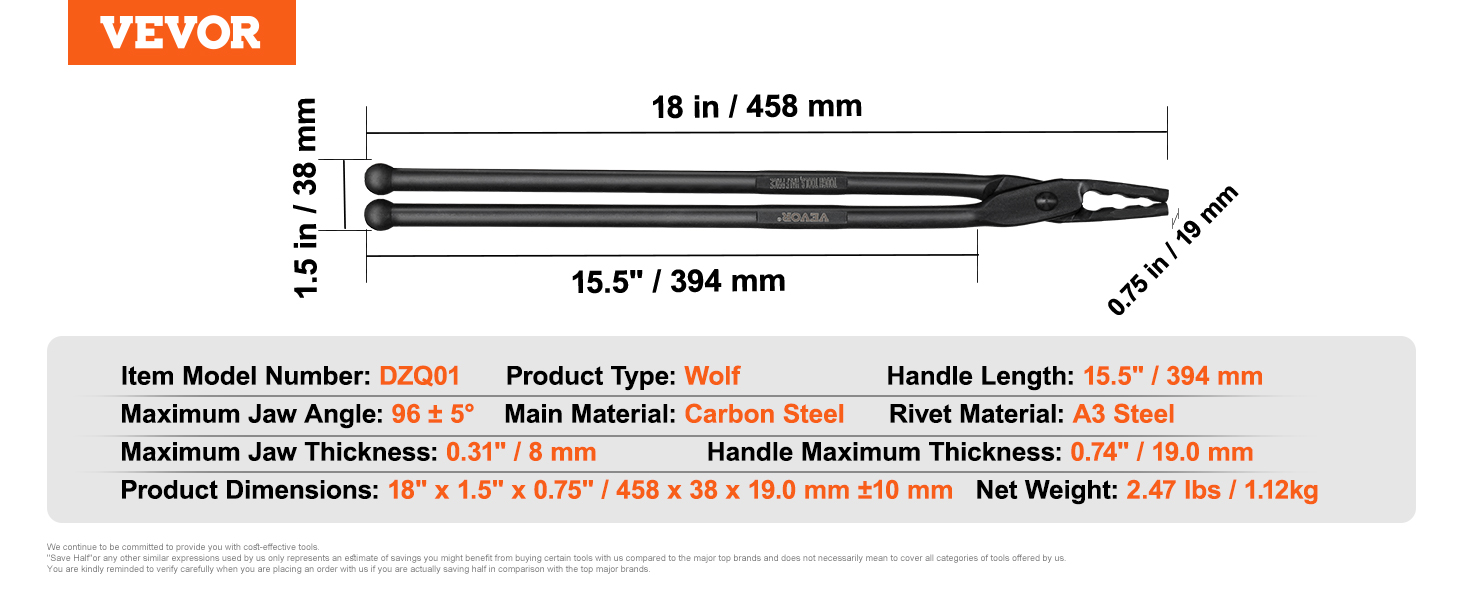 VEVOR blacksmith tongs dzq01, 18"x1.5", carbon steel, handle length 15.5", net weight 2.47 lbs.