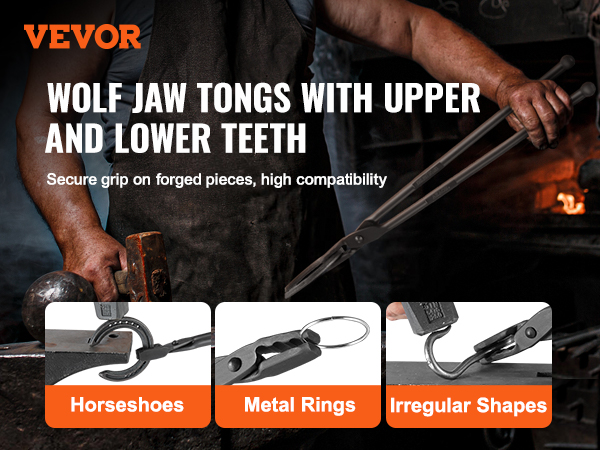 blacksmith using VEVOR blacksmith tongs to hold forged pieces, suitable for horseshoes, metal rings, irregular shapes.