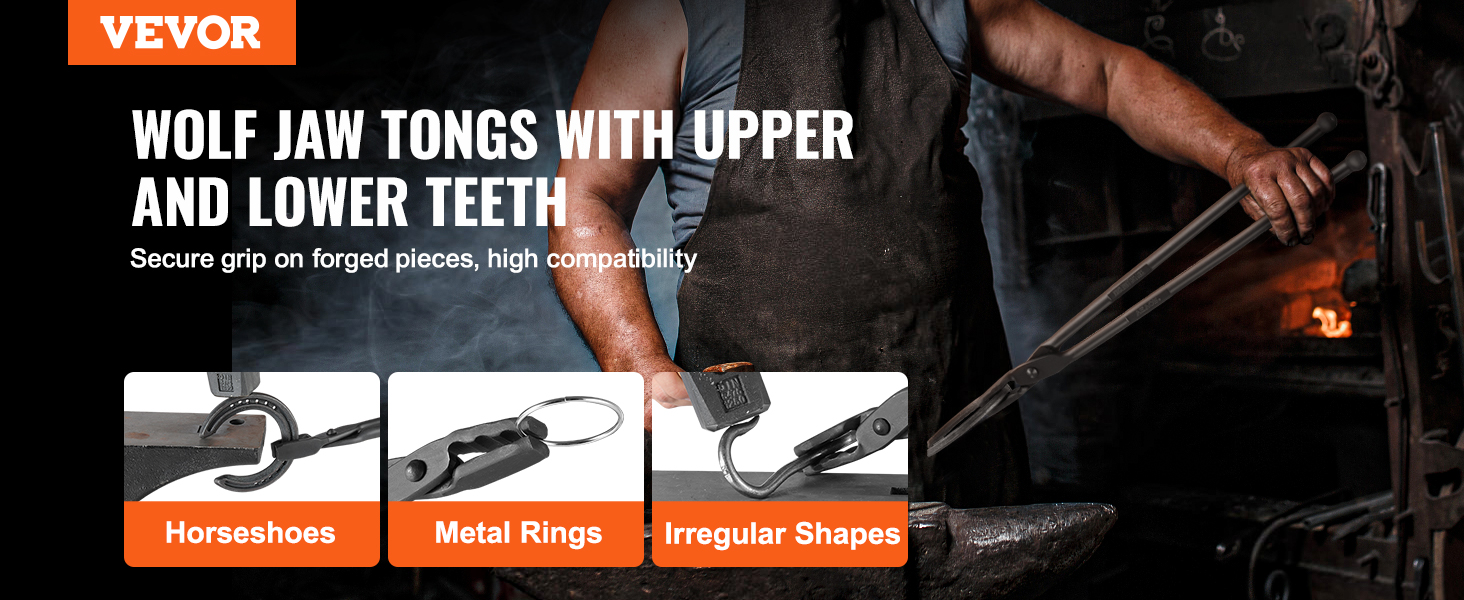 blacksmith using VEVOR blacksmith tongs to hold forged pieces, suitable for horseshoes, metal rings, irregular shapes.