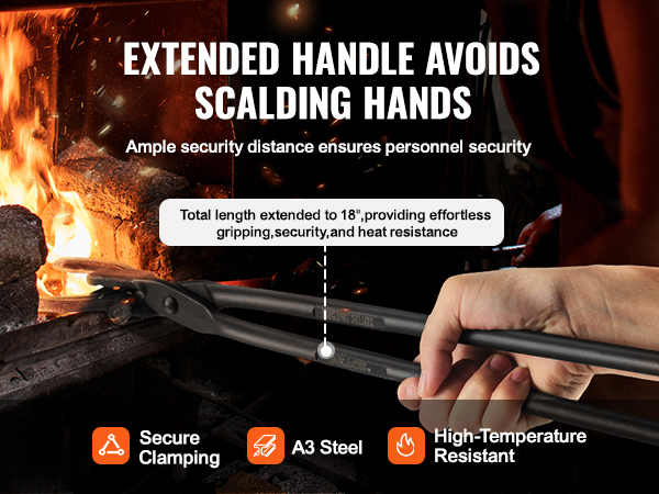 VEVOR blacksmith tongs with extended handles, secure clamping, and high-temperature resistance.