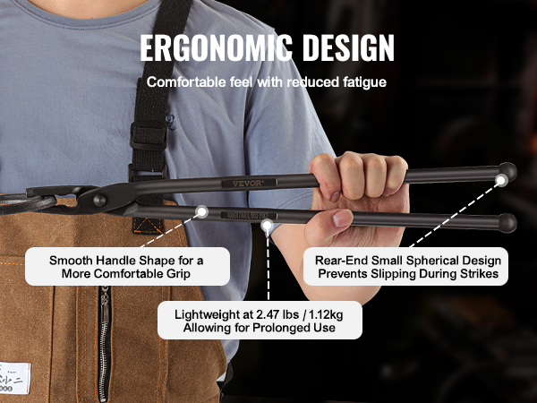 person holding VEVOR blacksmith tongs with ergonomic design for reduced fatigue and comfortable grip.
