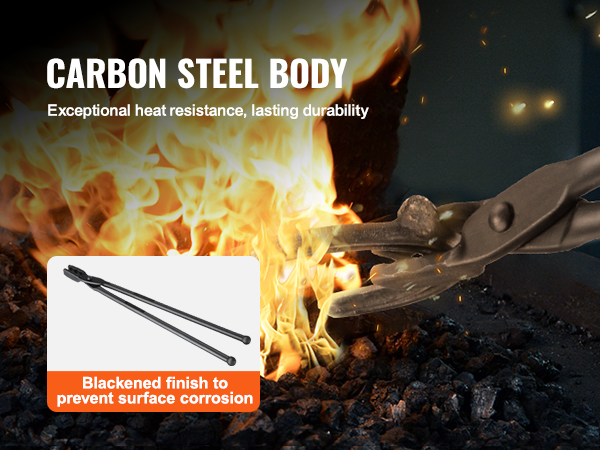 VEVOR blacksmith tongs near fire, showcasing heat resistance and blackened finish to prevent corrosion.