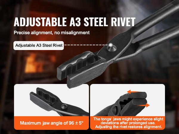 VEVOR blacksmith tongs with adjustable a3 steel rivet for precise alignment and max jaw angle of 96±5°.
