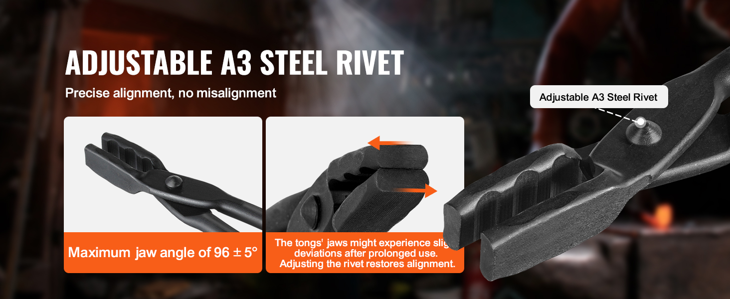 VEVOR blacksmith tongs with adjustable a3 steel rivet for precise alignment and max jaw angle of 96±5°.