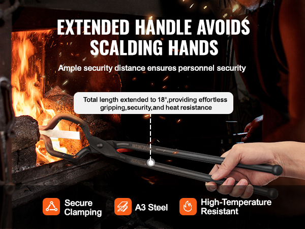 VEVOR blacksmith tongs with extended handle, 18" length, secure clamping, and heat resistance.