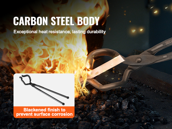 VEVOR blacksmith tongs with a blackened finish, showcasing heat resistance in front of flames.