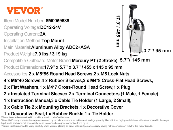VEVOR boat throttle control specifications, accessories, and dimensions are clearly labeled for easy installation.