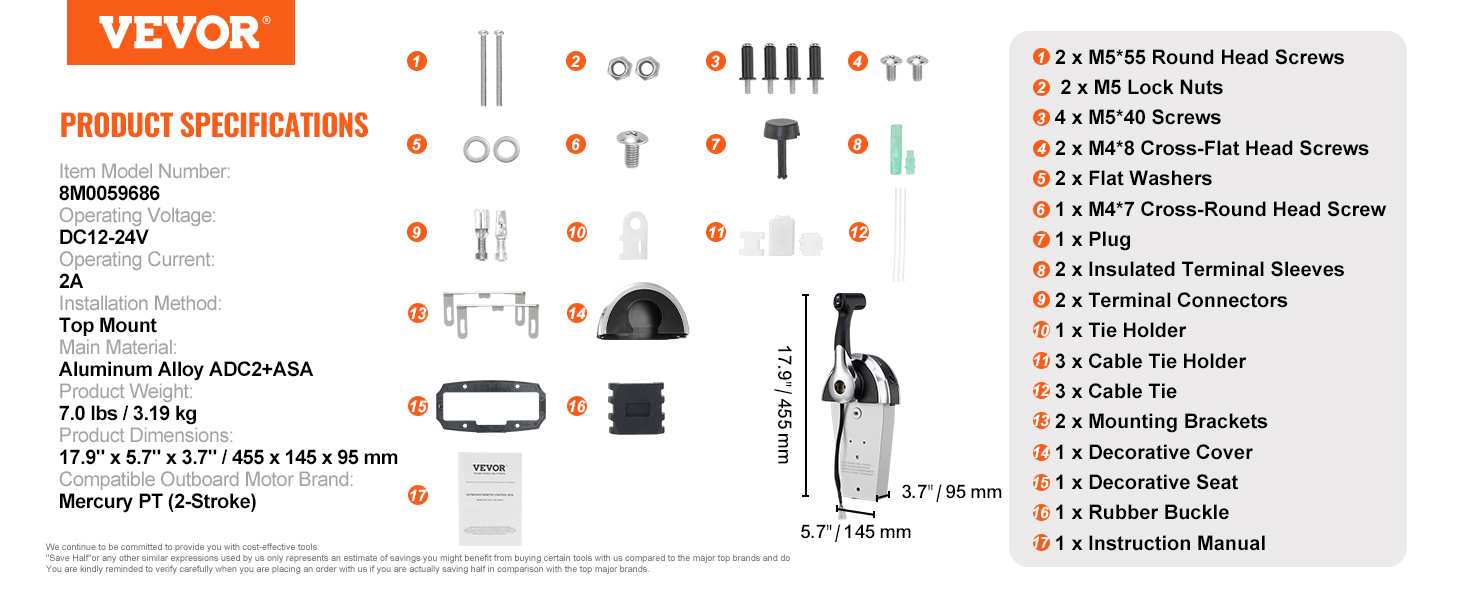 VEVOR boat throttle control specifications, accessories, and dimensions are clearly labeled for easy installation.