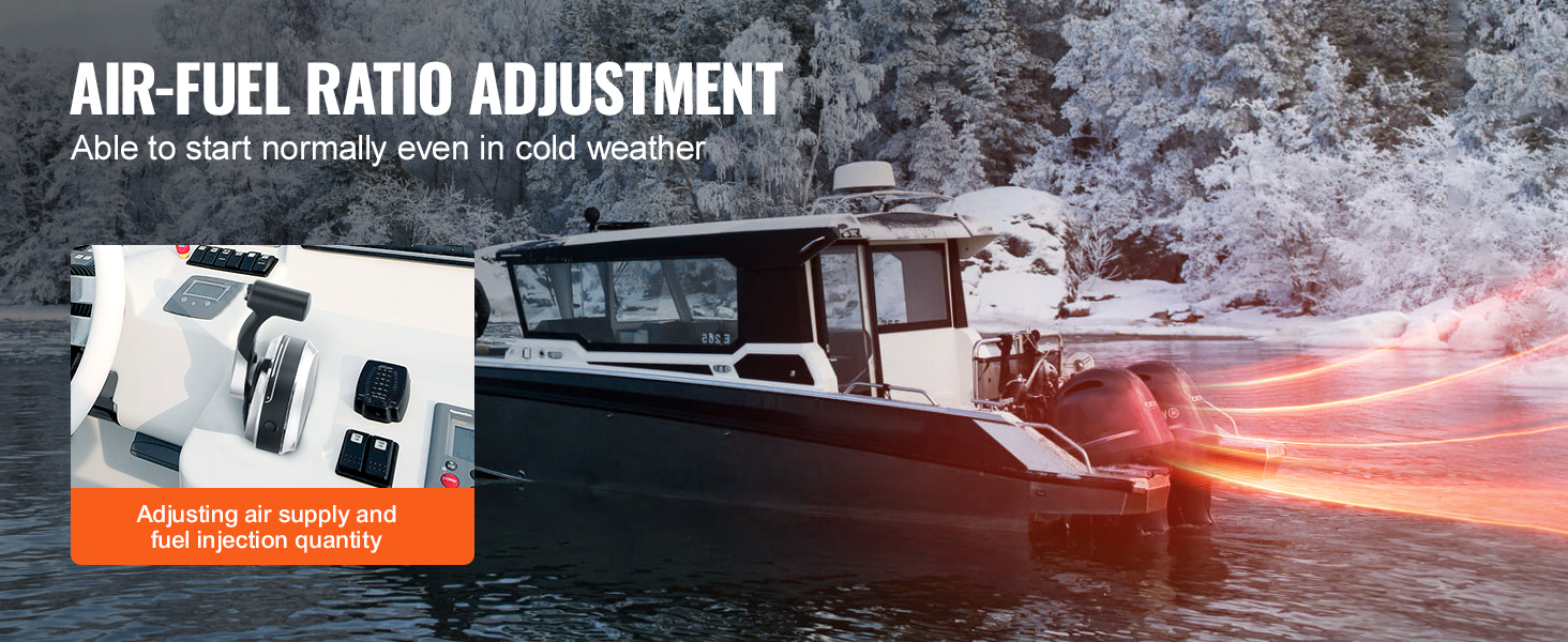 boat with outboard engines utilizing air-fuel ratio adjustment for cold weather enhanced by VEVOR boat throttle control.