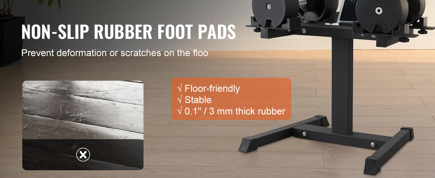 VEVOR dumbbell stand with non-slip rubber foot pads prevents floor scratches and provides stability.