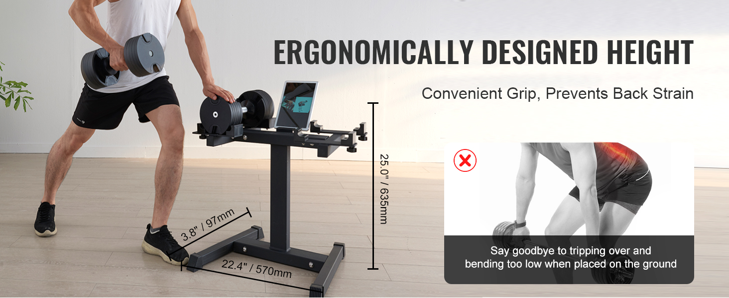 man using VEVOR dumbbell stand, ergonomically designed for convenient grip and back strain prevention.