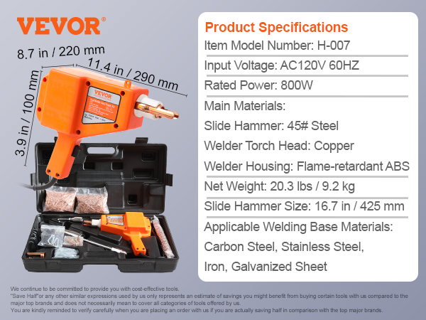 VEVOR stud welder dent repair kit includes slide hammer, welder torch head, and accessories in a case.