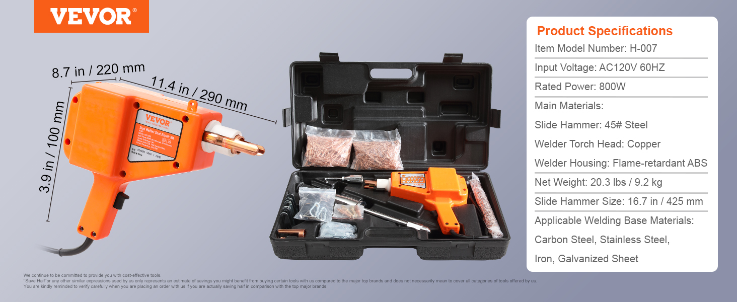 VEVOR stud welder dent repair kit includes slide hammer, welder torch head, and accessories in a case.