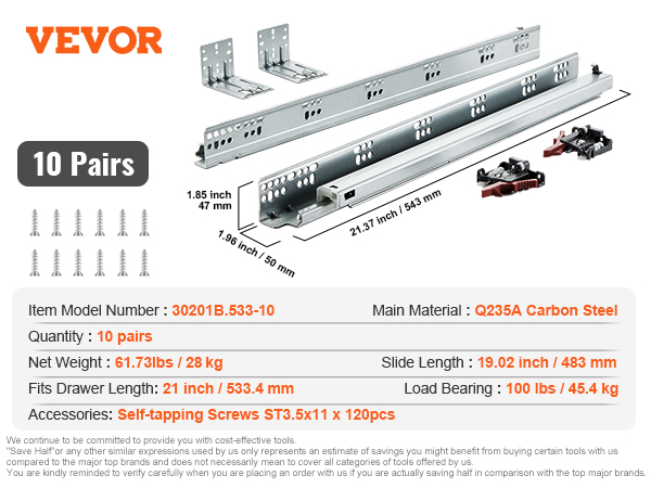 VEVOR drawer slides 21-inch length, 100 lbs load bearing, carbon steel, 10 pairs with screws.