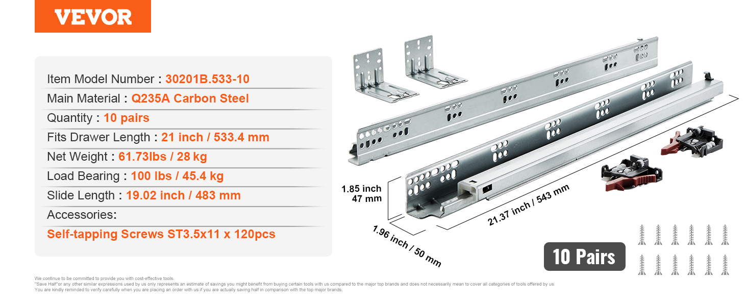 VEVOR drawer slides 21-inch length, 100 lbs load bearing, carbon steel, 10 pairs with screws.